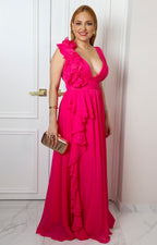 Vestido largo con volantes y escote en V