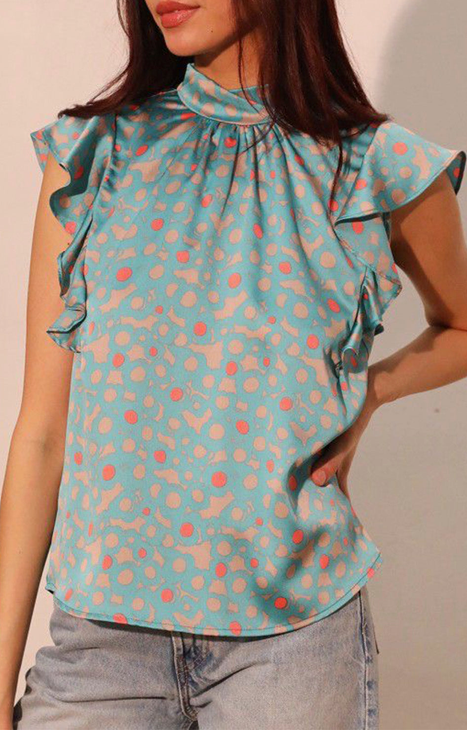 Blusa aqua estampada con volante - BLUSA REGULAR Boutiquemirel 