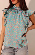 Blusa aqua estampada con volante - BLUSA REGULAR Boutiquemirel 