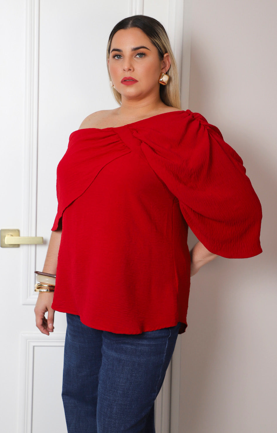 Blusa cuello drapeado con manga 3/4