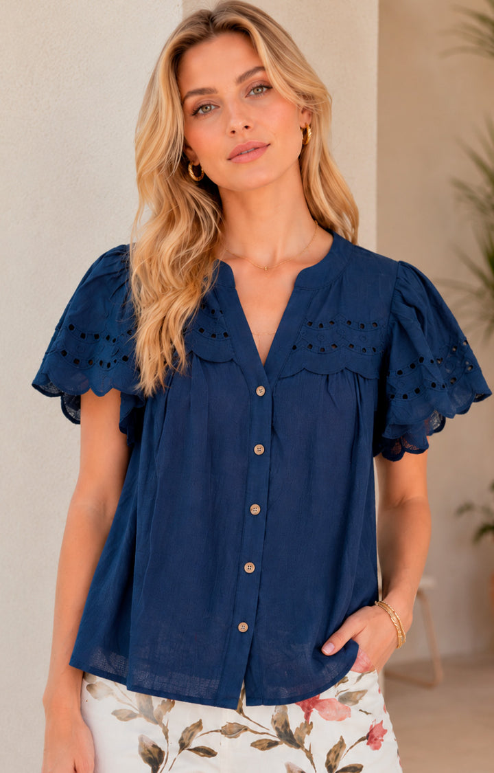 Blusa azul marino con detalle en manga - BLUSAS REGULAR Boutiquemirel 