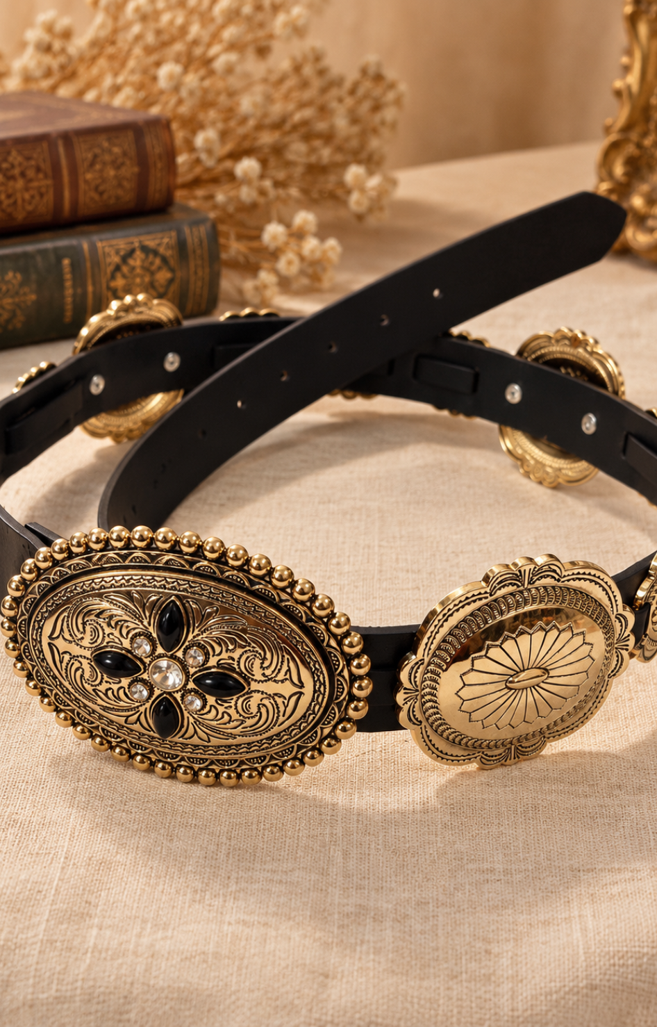 Cinturón de conchos con turquesa Boutiquemirel, diseño artesanal con detalles metálicos y piedras turquesa