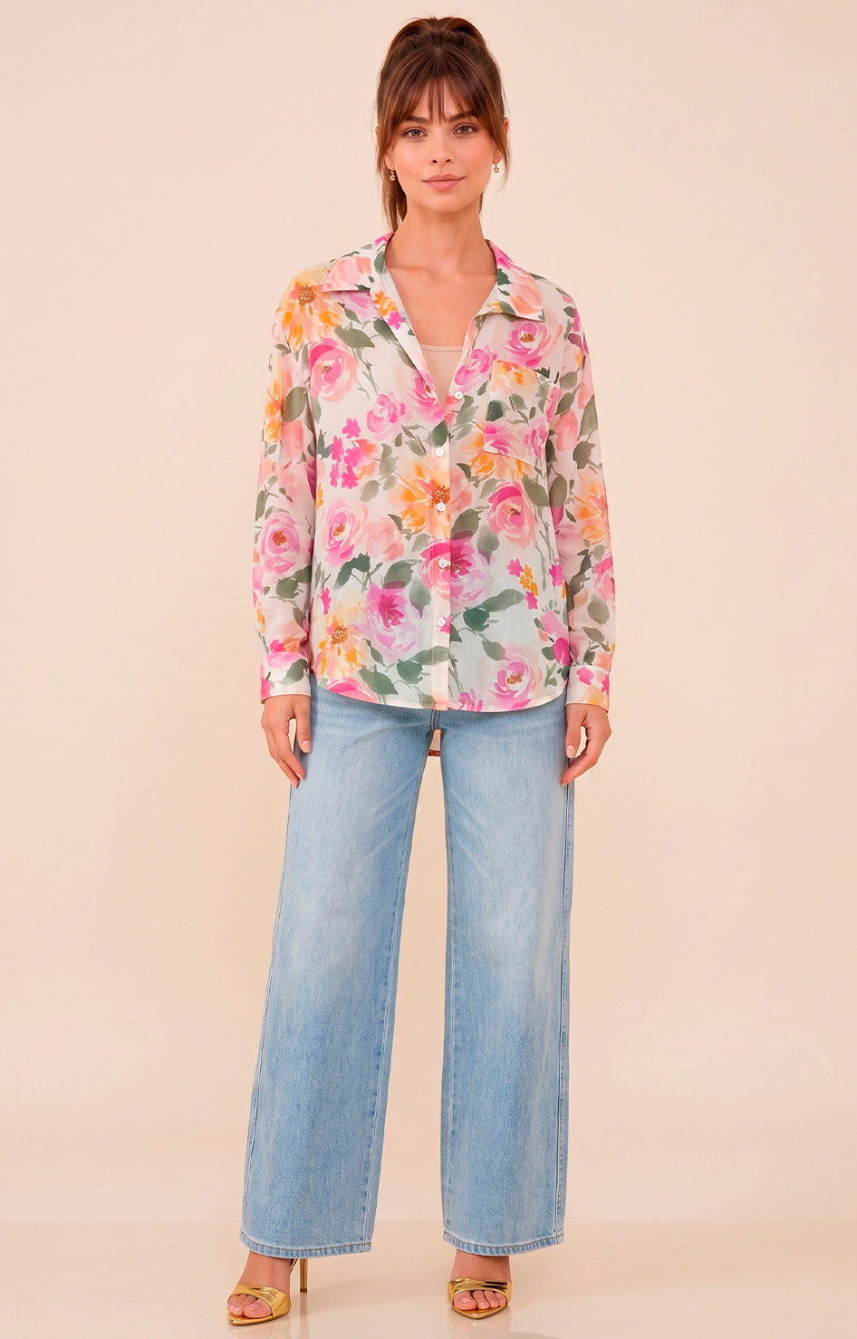 Blusa beige con estampado floral - BLUSAS REGULAR Boutiquemirel 