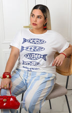 Blusa blanca estampado pescados azul