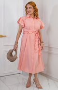 Vestido rosa camisero con olanes