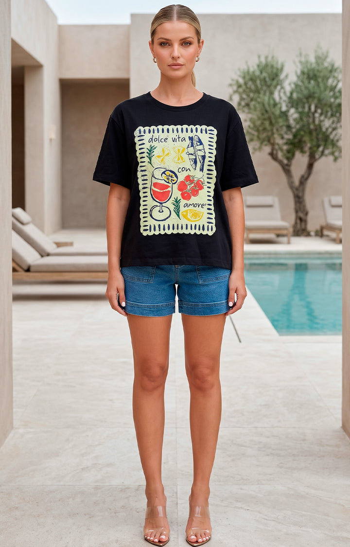 Blusa negra con estampado mediterráneo