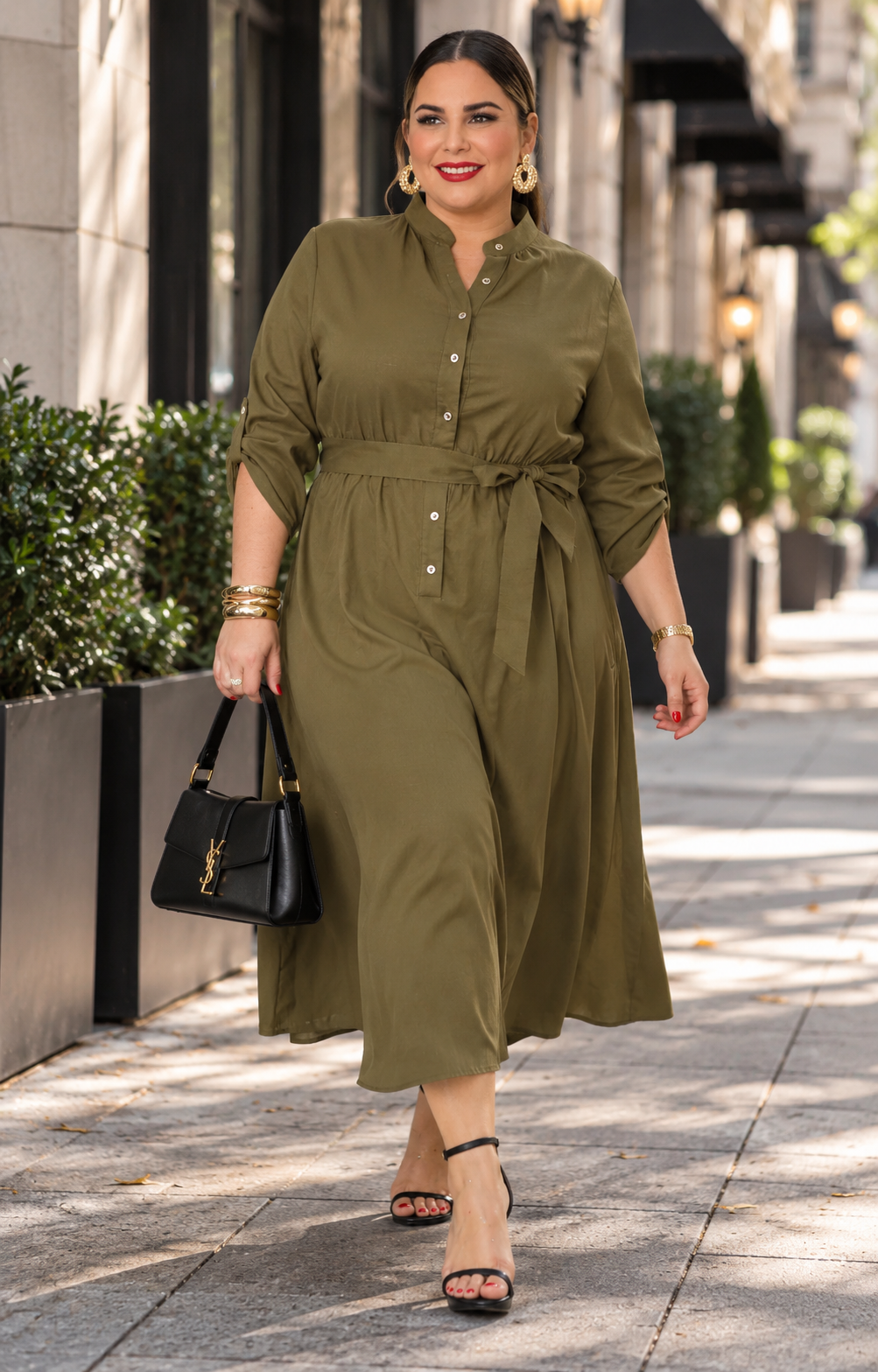 Vestido camisero largo curvy de Boutiquemirel con lazo en la cintura, tela fluida y diseño elegante en color neutro.