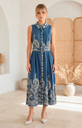 Vestido azul estampado con cinturòn - VESTIDO LARGO REGULAR Boutiquemirel 