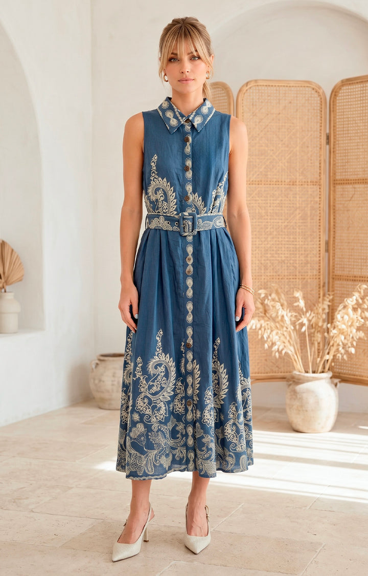 Vestido azul estampado con cinturòn - VESTIDO LARGO REGULAR Boutiquemirel 