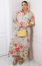 Vestido camisero beige con estampado floral
