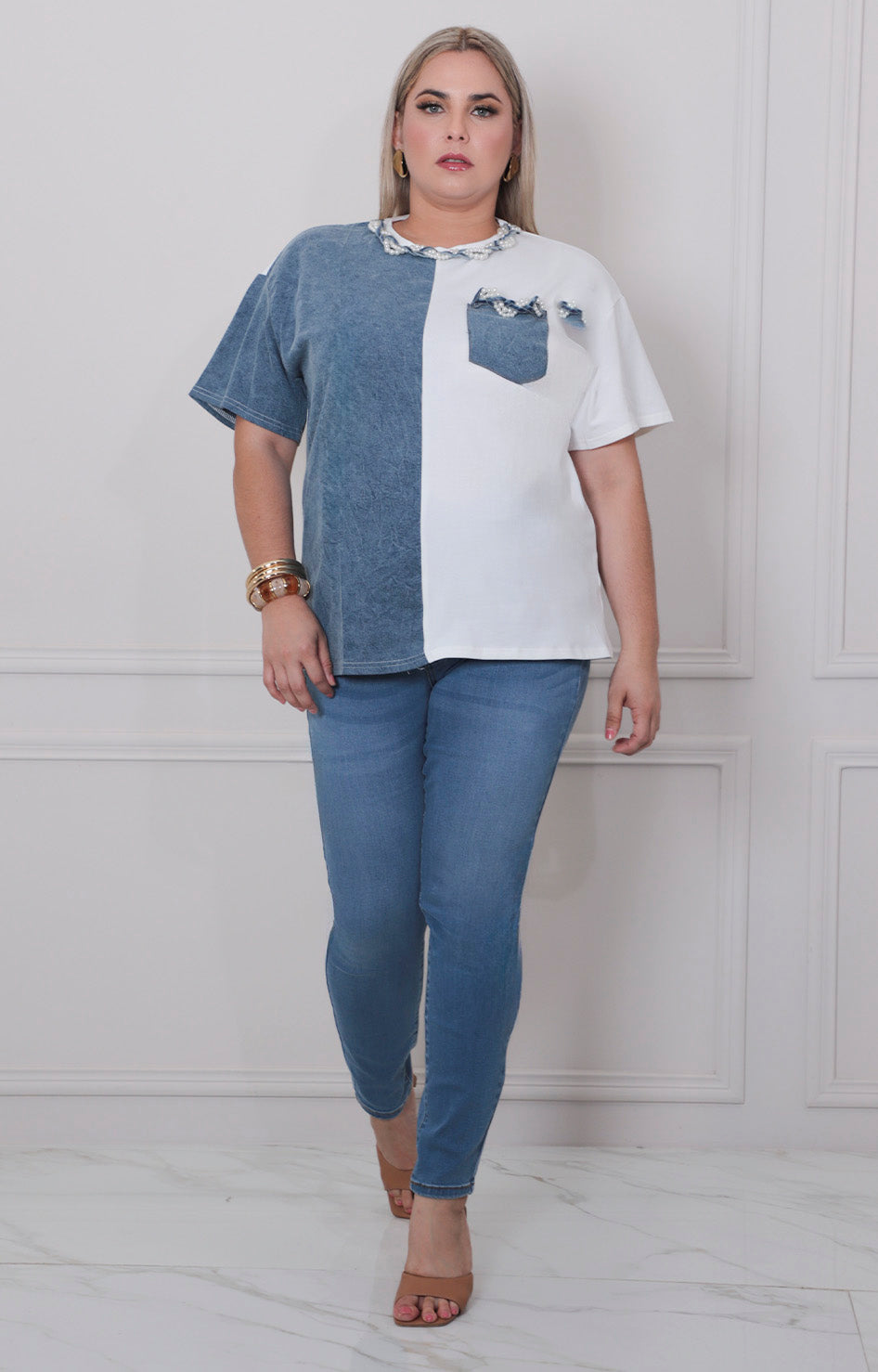 Blusa bicolor con perlas - BLUSAS CURVY Boutiquemirel 