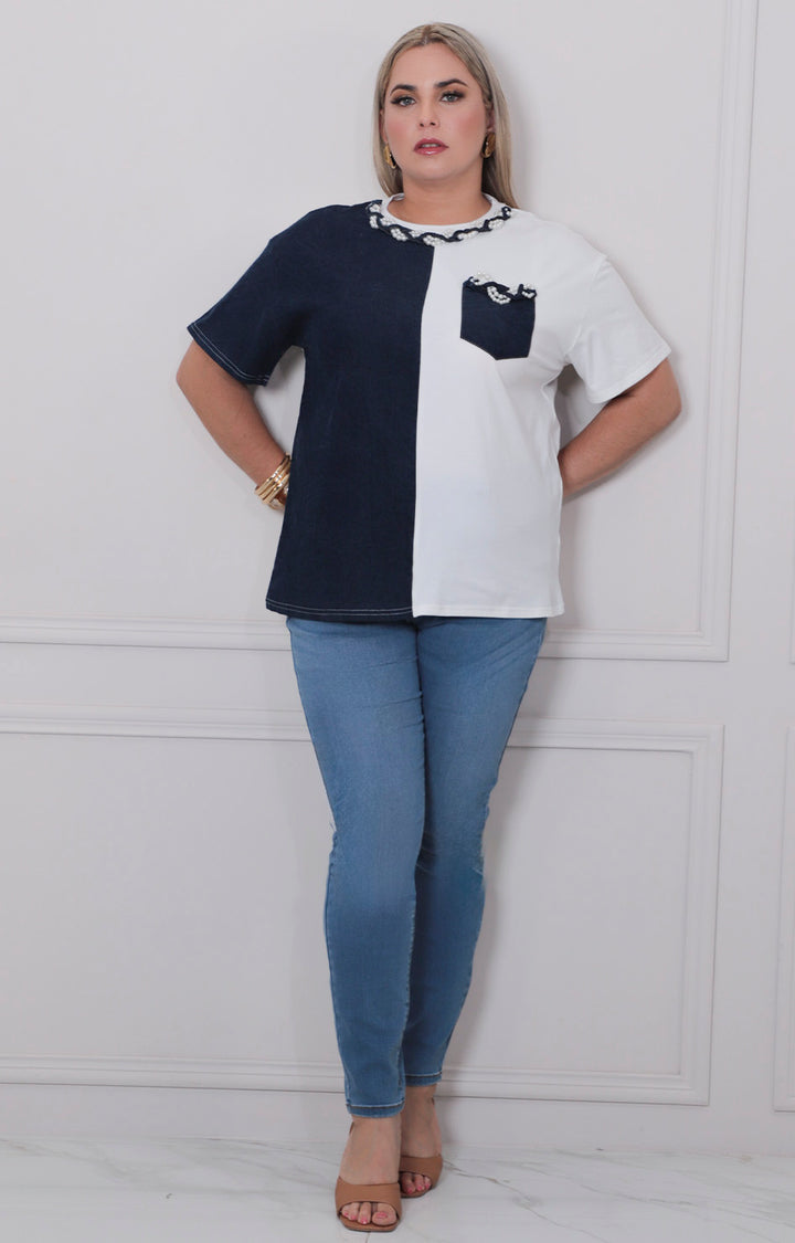 Blusa bicolor con perlas - BLUSAS CURVY Boutiquemirel 
