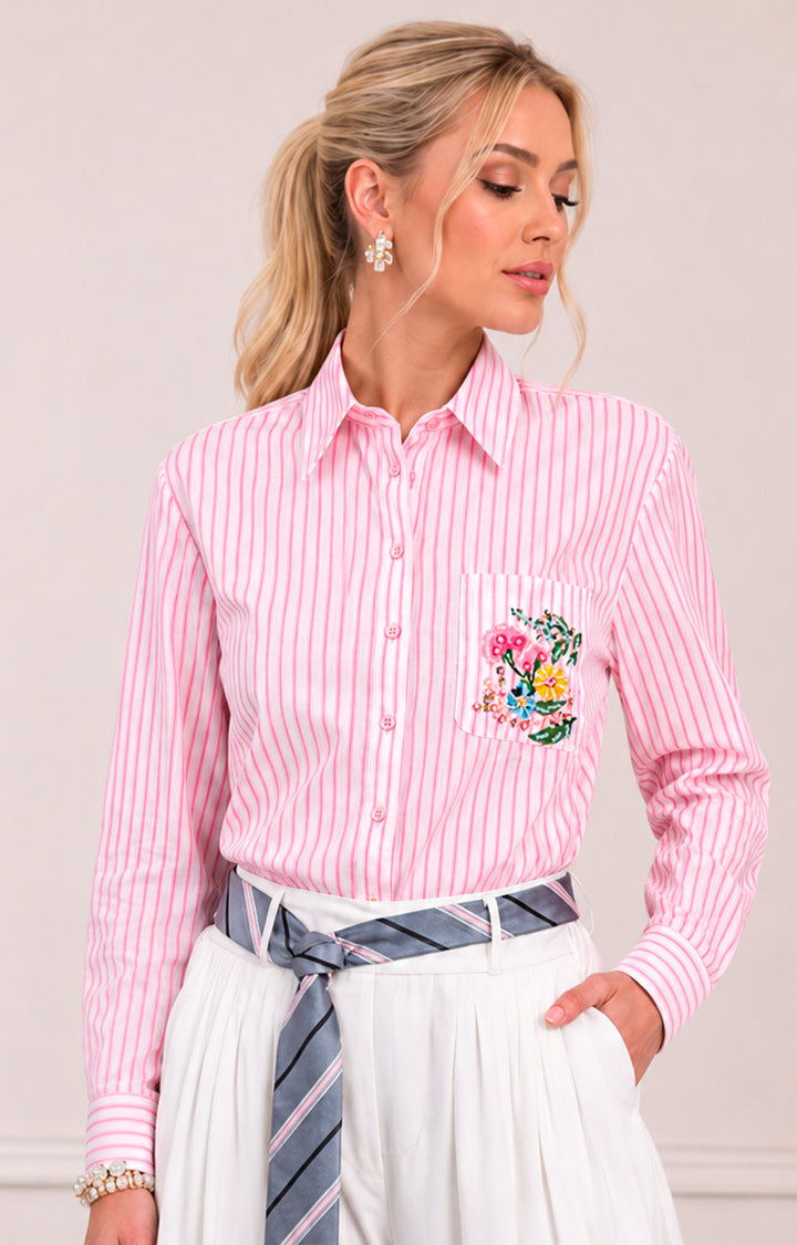 Blusa con rayas rosas y bolsillo estampado - BLUSAS REGULAR Boutiquemirel 