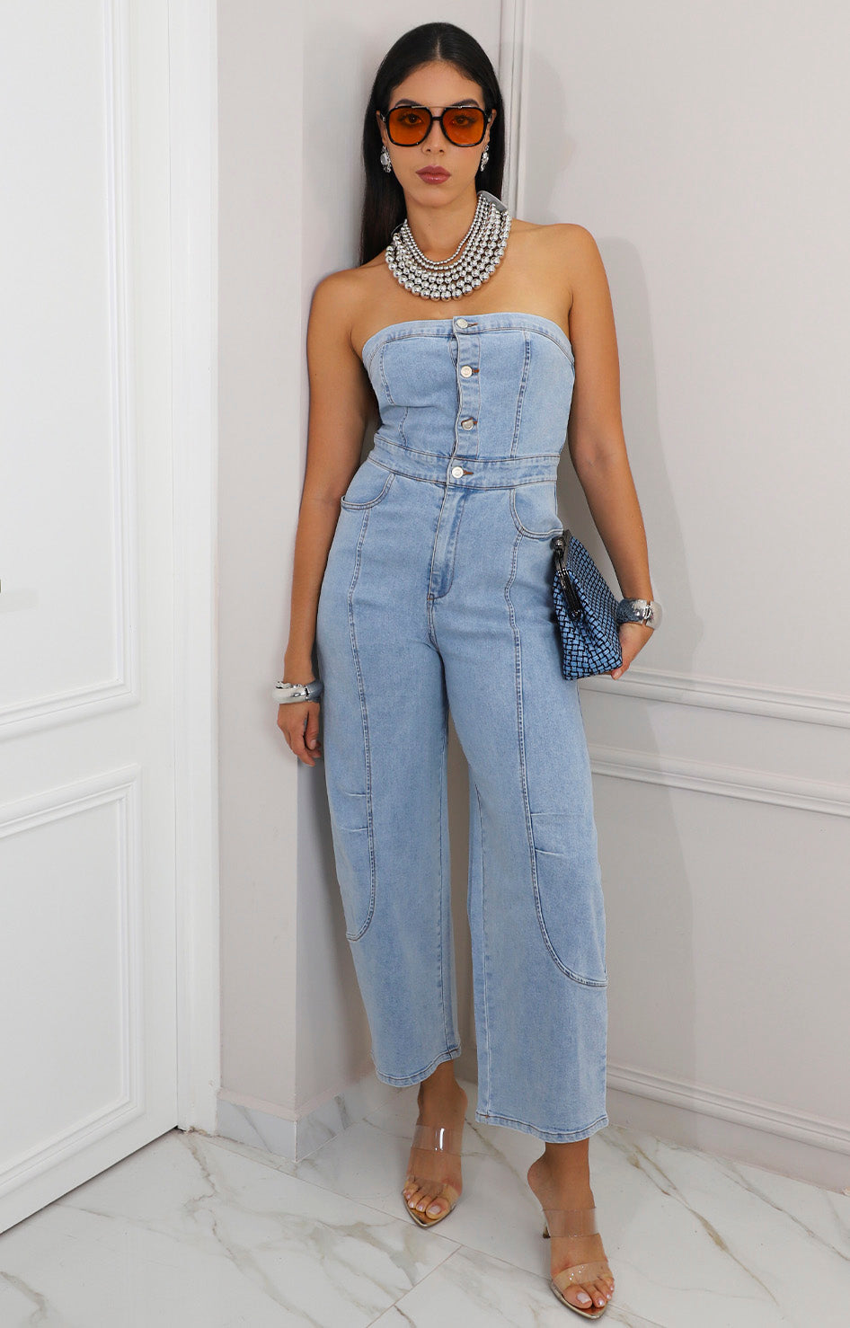 Palazzo de mezclilla strapless