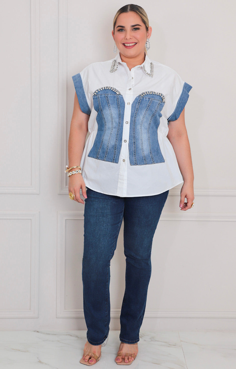 Blusa combinada mezclilla con pedrería