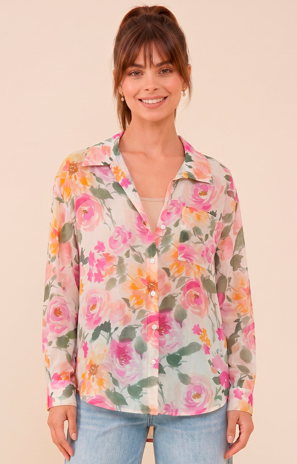 Blusa beige con estampado floral - BLUSAS REGULAR Boutiquemirel 