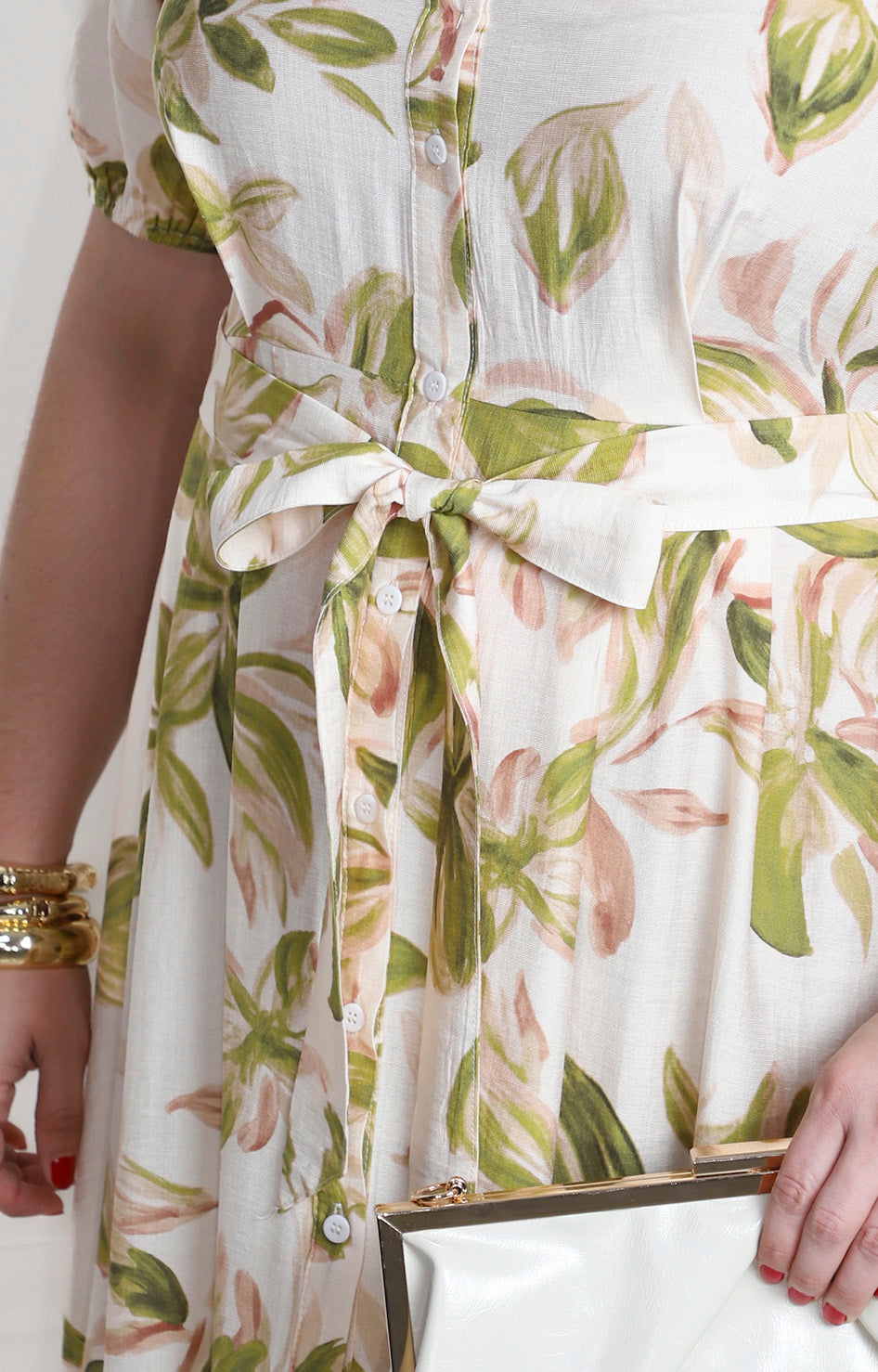 Vestido largo estampado de hojas con lazo