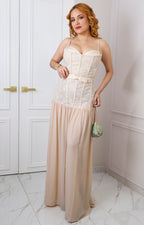 Vestido beige con corset de encaje
