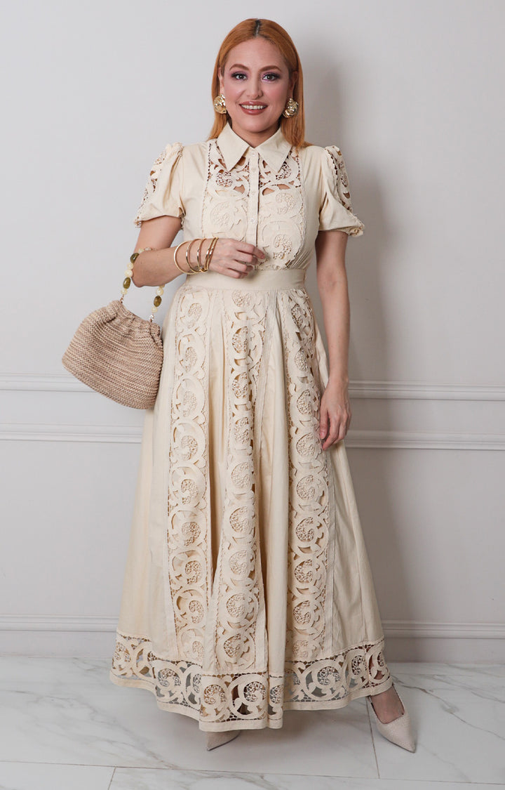 Vestido beige con guipiur - VESTIDO LARGO REGULAR Boutiquemirel 