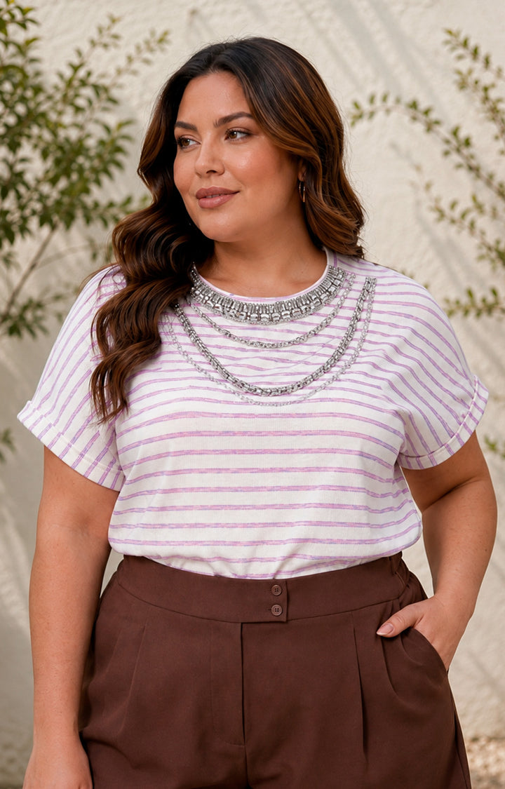 Blusa de rayas lila con aplicaciones de piedras - BLUSAS CURVY Boutiquemirel 