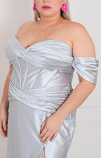Vestido plata con corset drapeado - VESTIDO LARGO CURVY Boutiquemirel 