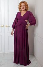 Vestido largo morado con espalda abierta