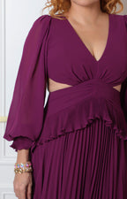 Vestido largo morado con espalda abierta