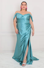 Vestido menta satinado con apertura - VESTIDO LARGO CURVY Boutiquemirel 