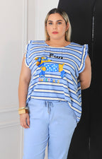 Blusa azul de rayas con olanes