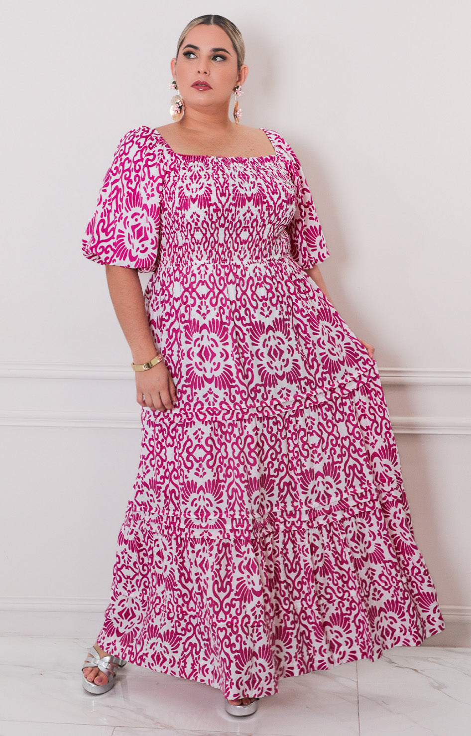 Vestido fucsia estampado - VESTIDO LARGO CURVY Boutiquemirel 