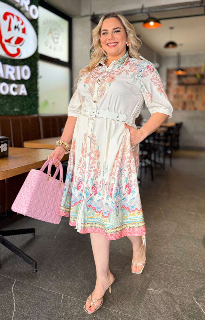 Vestido con estampado floral y cinturón - VESTIDO CORTO CURVY Boutiquemirel 