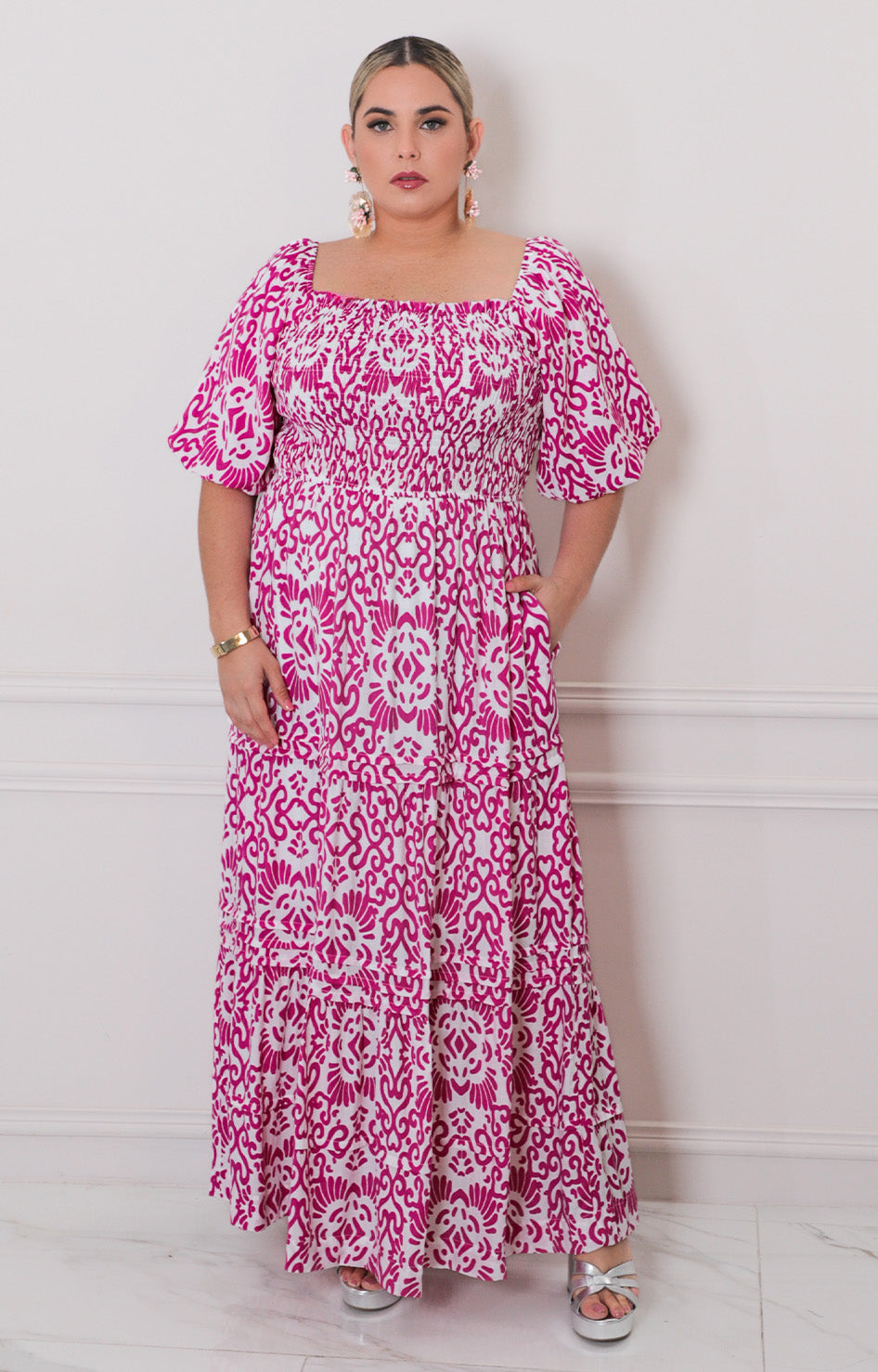 Vestido fucsia estampado - VESTIDO LARGO CURVY Boutiquemirel 