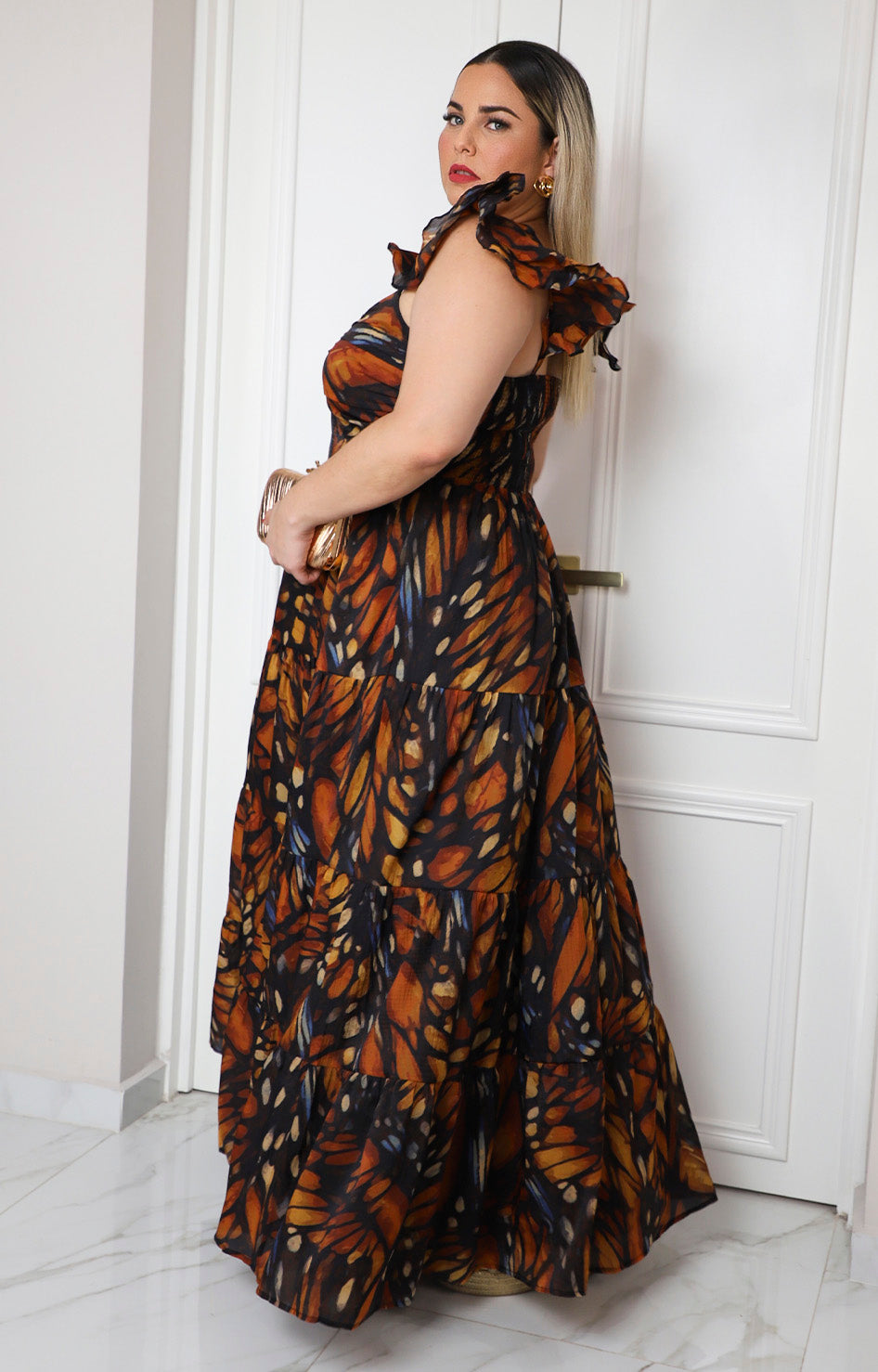 Vestido estampado con mangas drapeadas