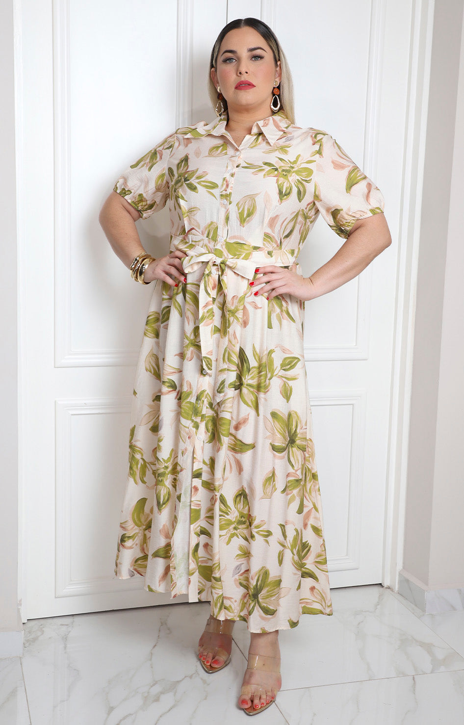 Vestido largo estampado de hojas con lazo