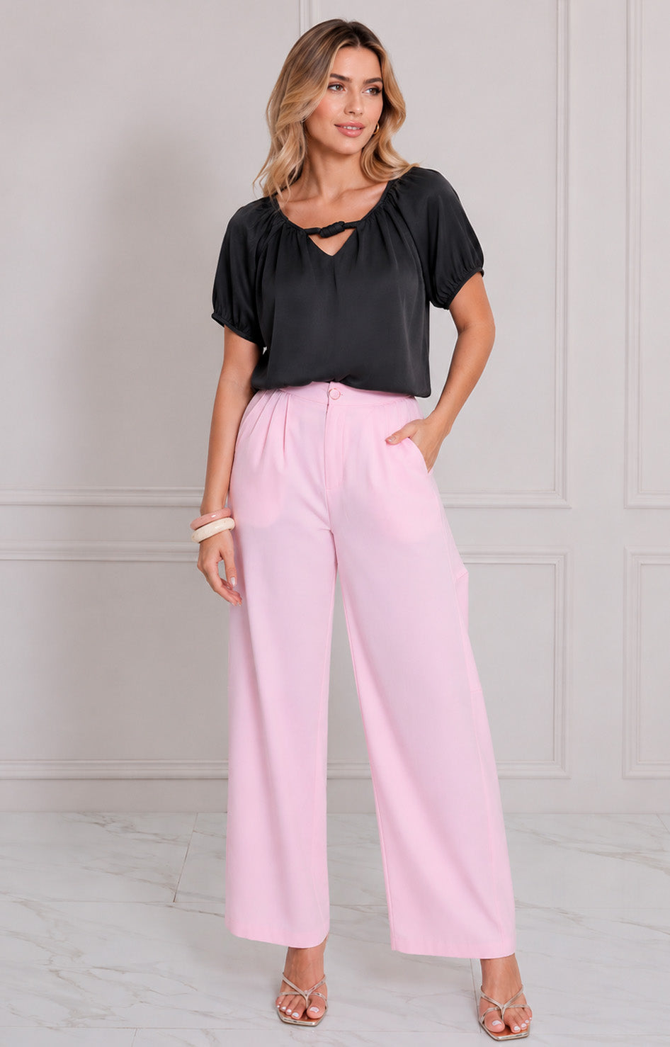 Blusa con manga globo y nudo frontal - BLUSAS REGULAR Boutiquemirel 