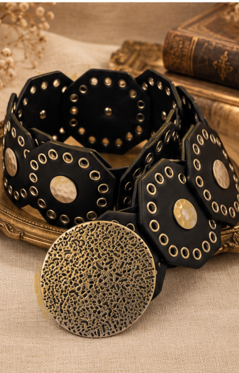 Cinturón de conchos bronce Boutiquemirel, diseño western con detalles metálicos decorativos