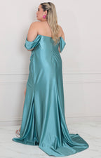 Vestido menta satinado con apertura - VESTIDO LARGO CURVY Boutiquemirel 