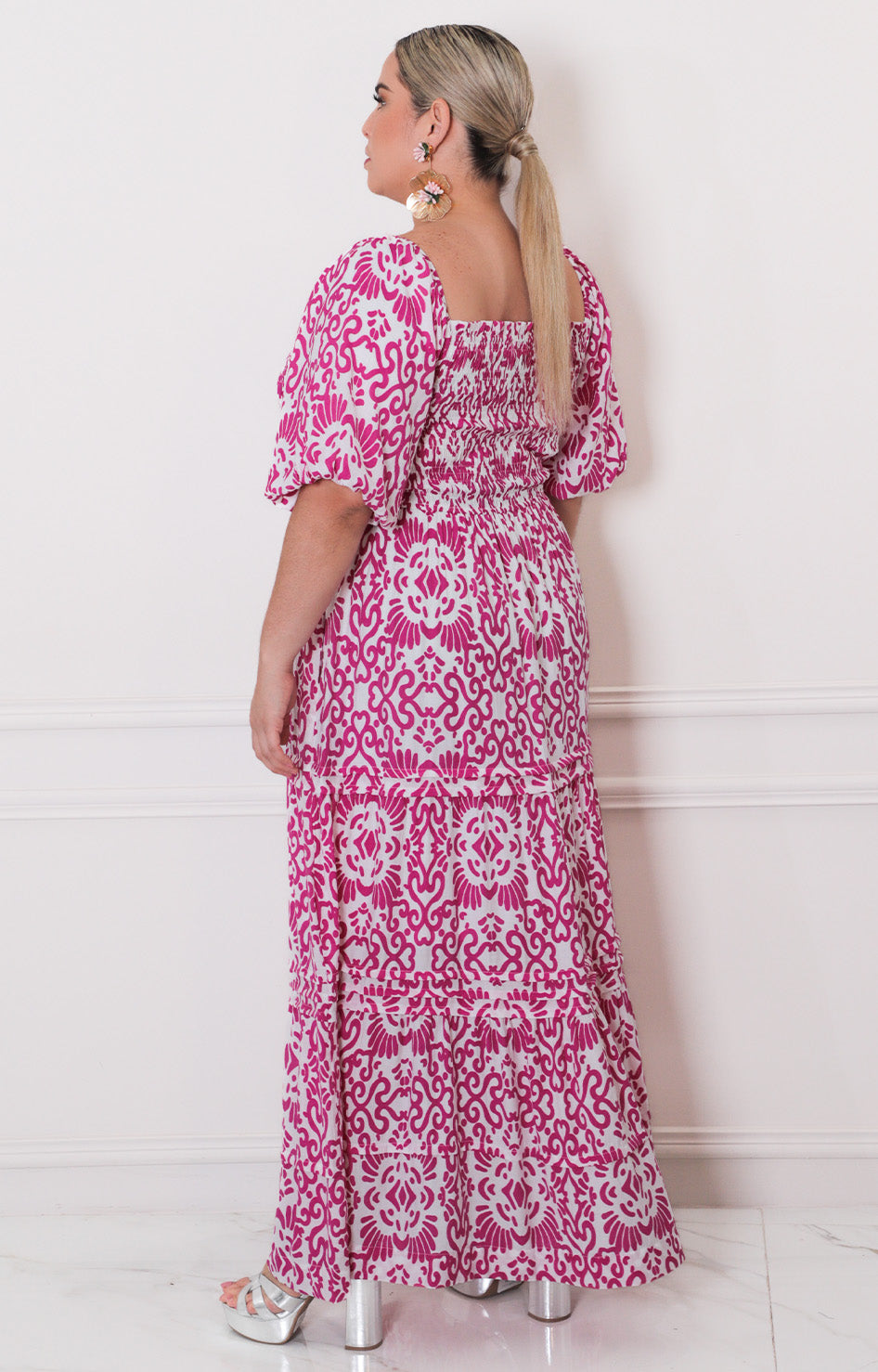 Vestido fucsia estampado - VESTIDO LARGO CURVY Boutiquemirel 