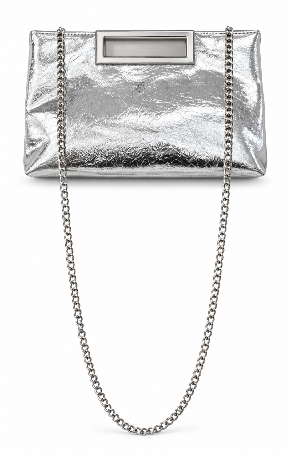 Bolso clutch metálico con cadena de la marca Boutiquemirel, con acabado brillante y correa larga para llevar en la mano o hombro.