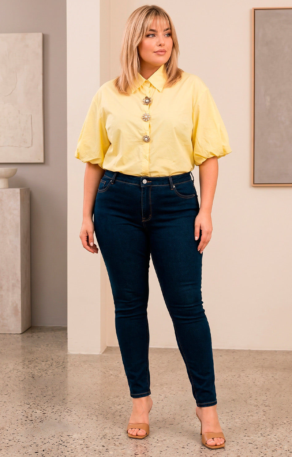 Blusa amarilla con mangas globo y botones de flor - BLUSAS CURVY Boutiquemirel 
