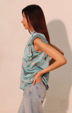 Blusa aqua estampada con volante - BLUSA REGULAR Boutiquemirel 