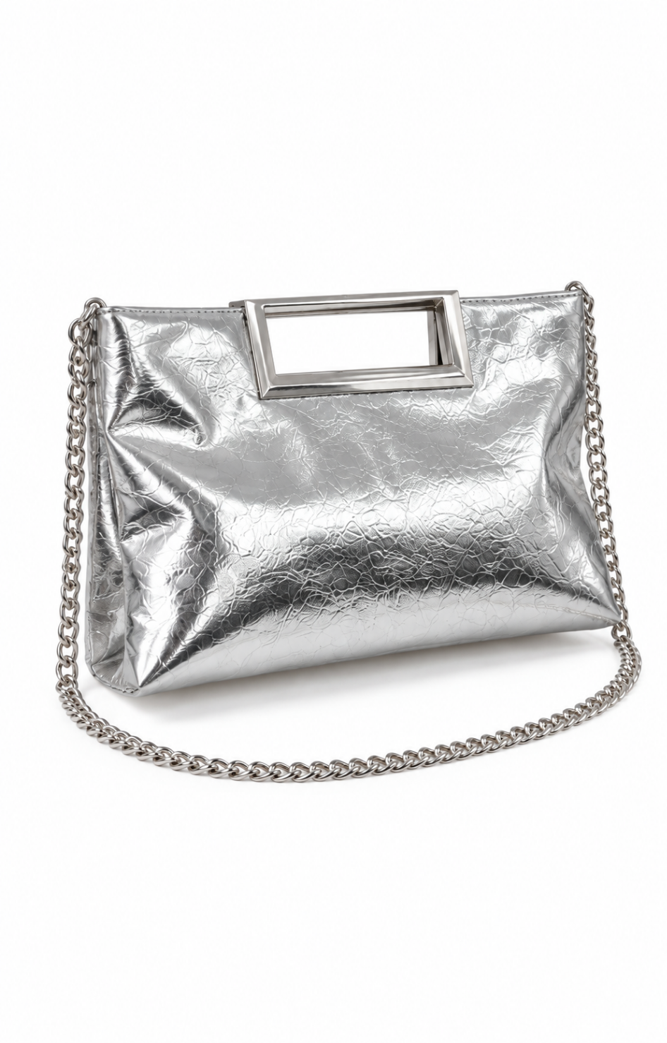 Bolso clutch metálico con cadena de la marca Boutiquemirel, en color plateado y diseño elegante para ocasiones especiales.