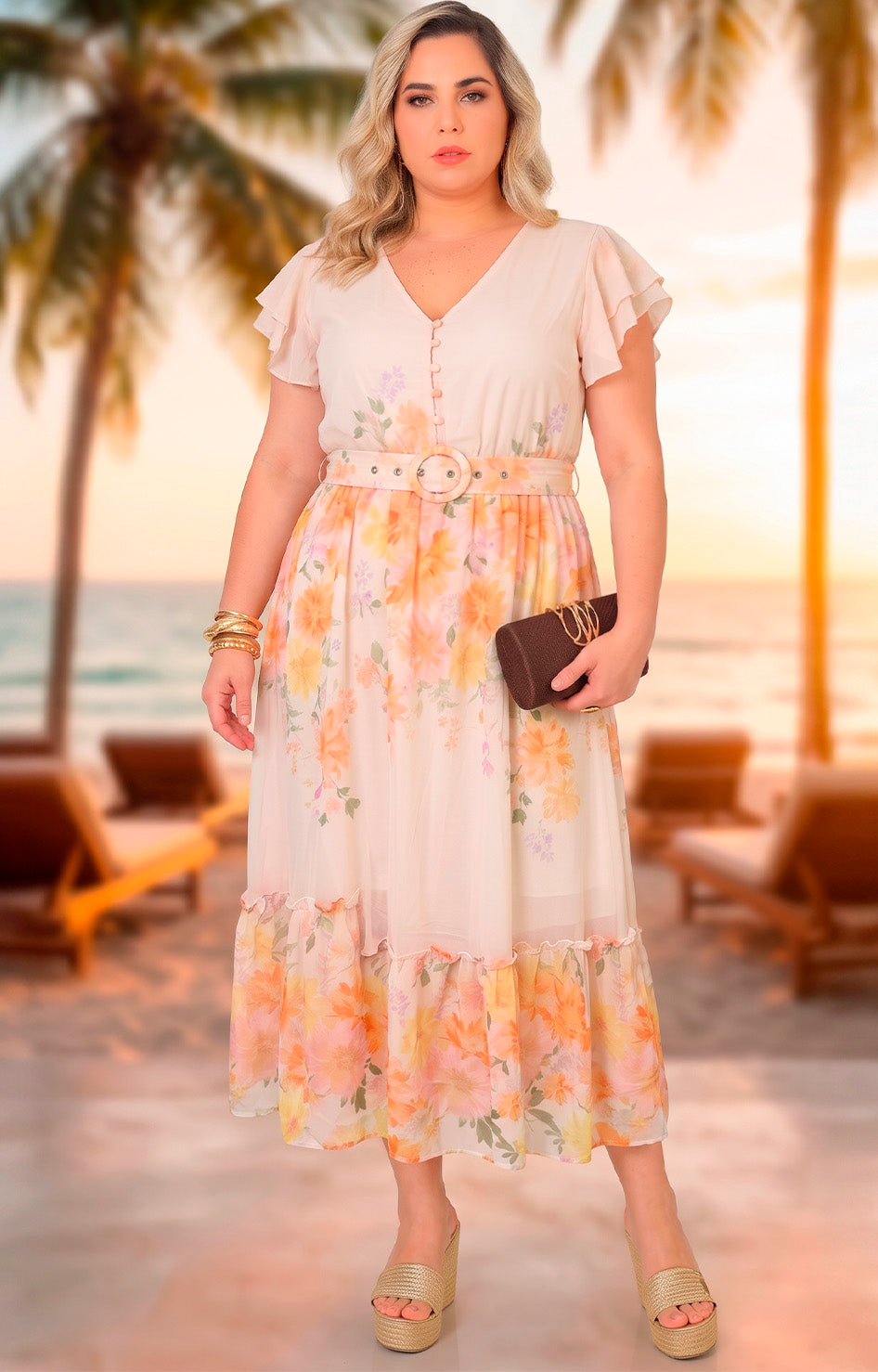 Vestido beige estampado con cinturón