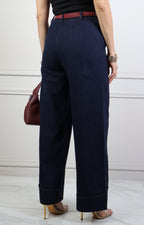 Pantalón azul de pierna ancha con dobladillo