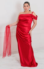 Vestido rojo satinado con hombros descubiertos - VESTIDO LARGO CURVY Boutiquemirel 