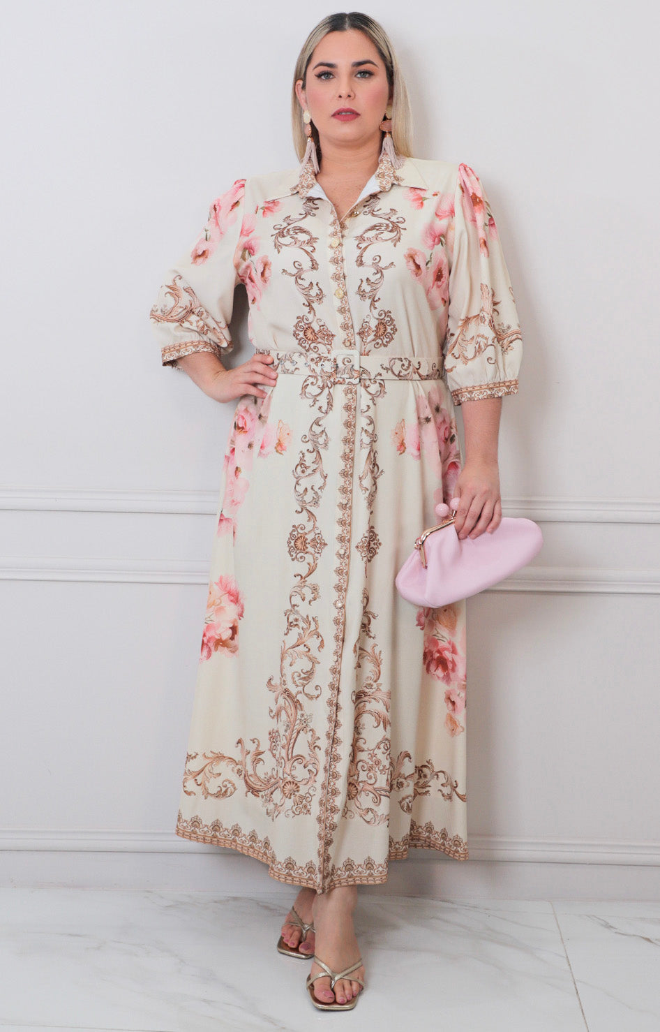 Vestido beige estampado - VESTIDO LARGO CURVY Boutiquemirel 