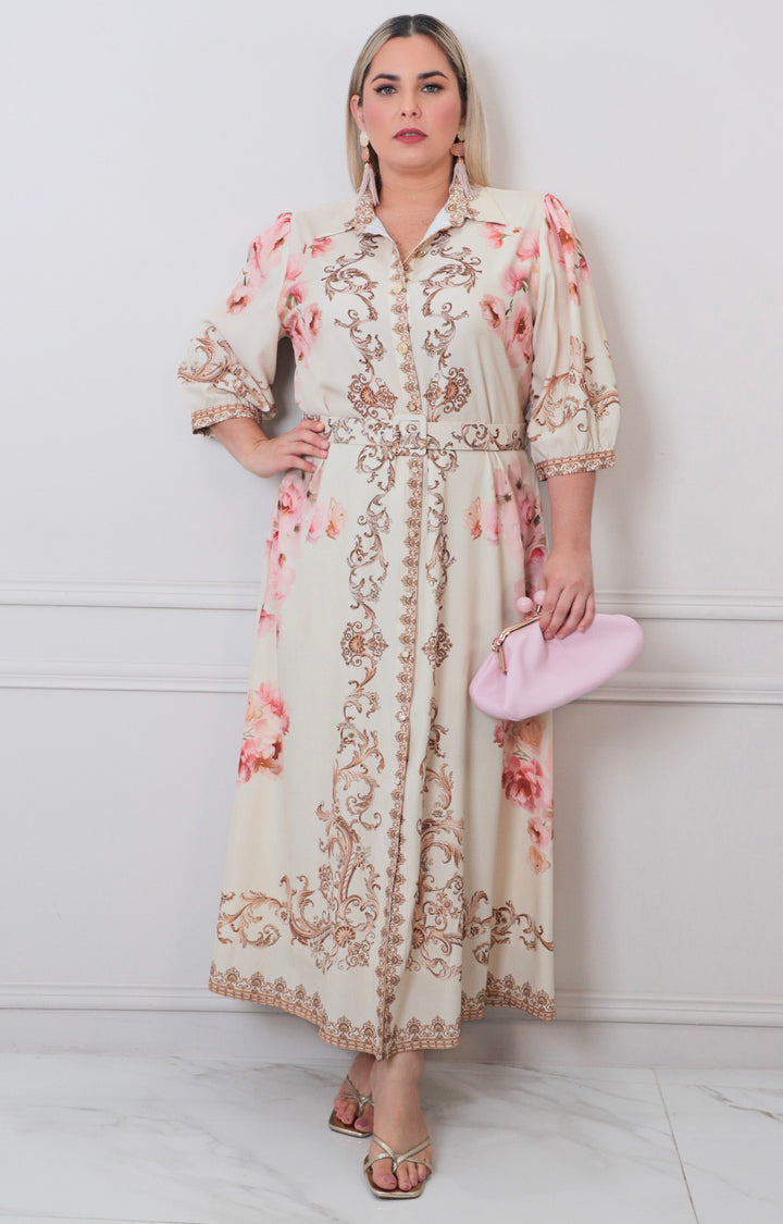Vestido beige estampado - VESTIDO LARGO CURVY Boutiquemirel 