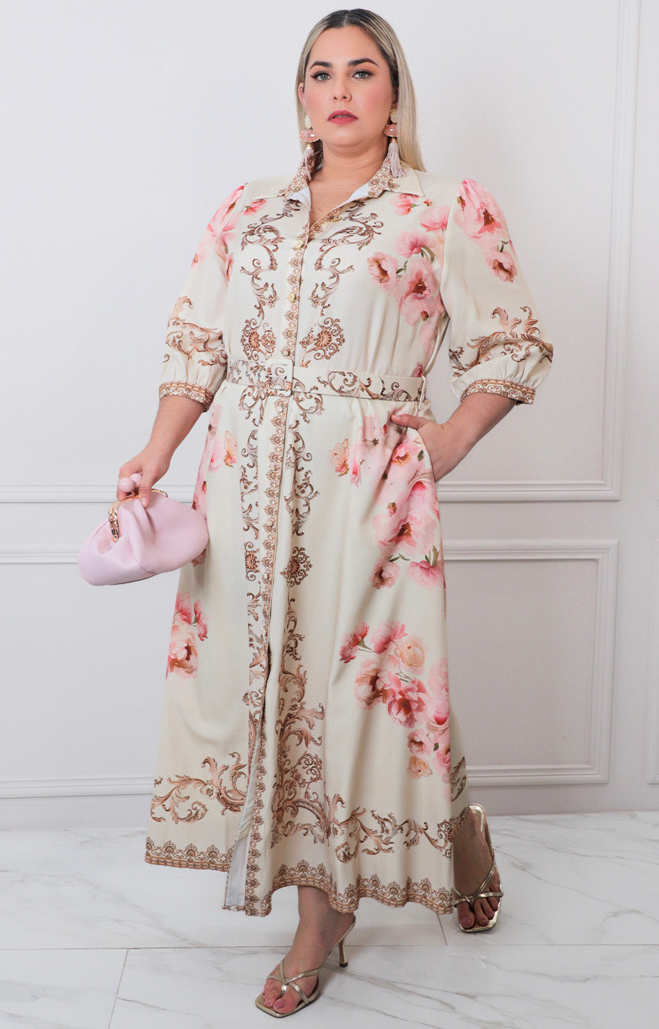 Vestido beige estampado - VESTIDO LARGO CURVY Boutiquemirel 