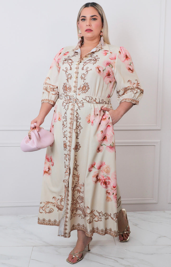 Vestido beige estampado - VESTIDO LARGO CURVY Boutiquemirel 