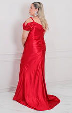 Vestido rojo satinado con hombros descubiertos - VESTIDO LARGO CURVY Boutiquemirel 